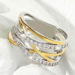 14K Two Tone Gold and Silver Plated Ring with Criss Cross Zircon Band